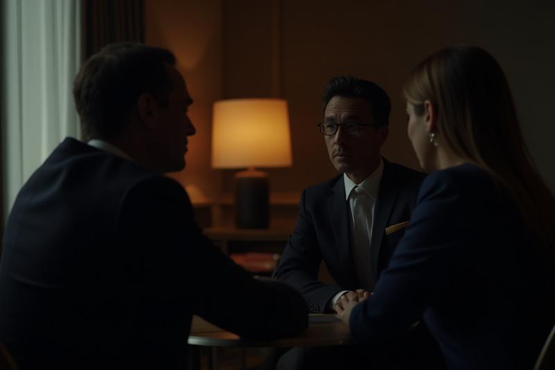 Two impeccably dressed individuals in a private, high-end meeting room, facing each other with subtle gestures of conversation