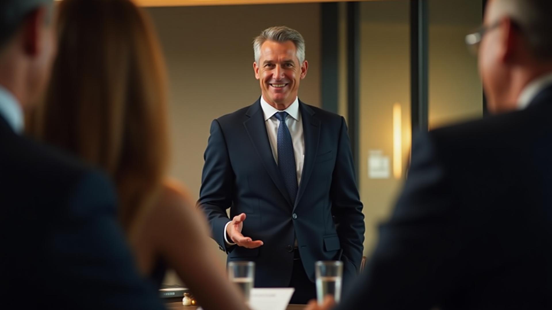 A well-dressed man confidently addressing a boardroom or speaking at a podium