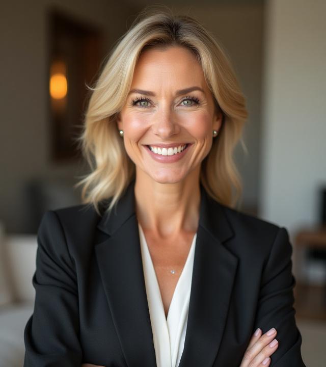 Nancy Oakes, a sophisticated and friendly personal stylist, smiling confidently