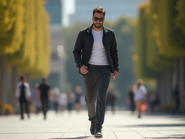 Stylish man in premium athleisure wear walking purposefully in an urban setting
