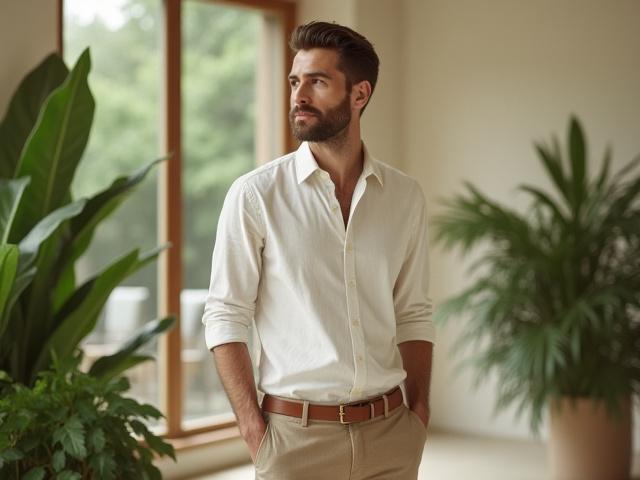 Man dressed in sustainable, high-quality casual wear, looking thoughtful in a natural setting