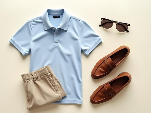A styled flat-lay of a complete men's outfit for a weekend getaway: polo, chinos, loafers, and sunglasses
