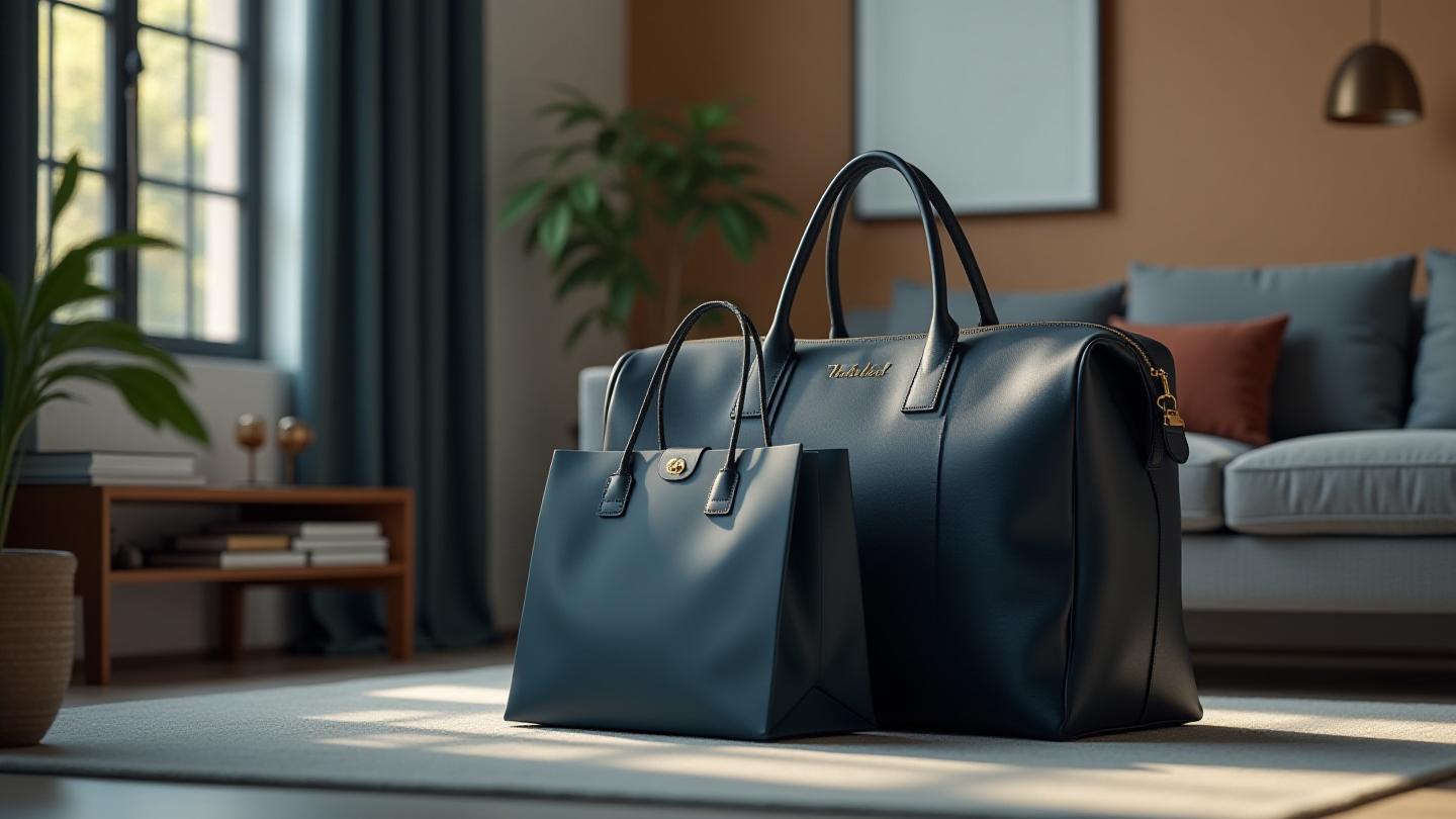 Sophisticated shopping bags and a sleek leather weekender bag in an aspirational setting