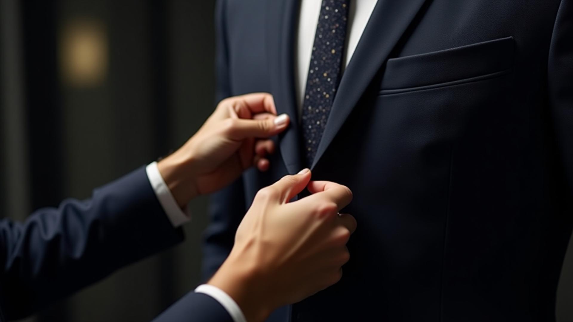 Close-up of a stylist’s hands adjusting the lapel of a perfectly tailored suit jacket on a discerning gentleman
