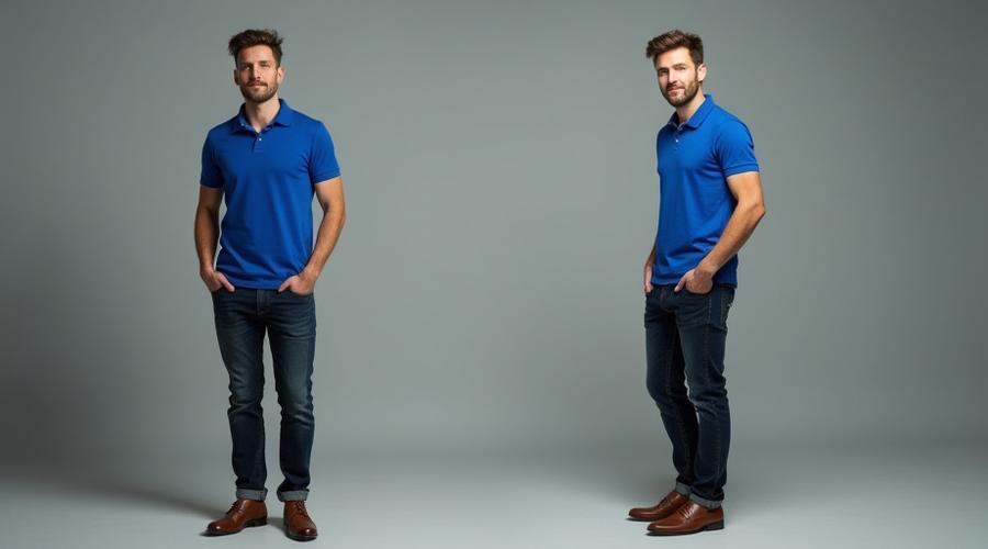 After: The same man in perfectly tailored dark wash denim, a high-quality knit polo shirt, and stylish leather loafers, exuding confidence and modern elegance.