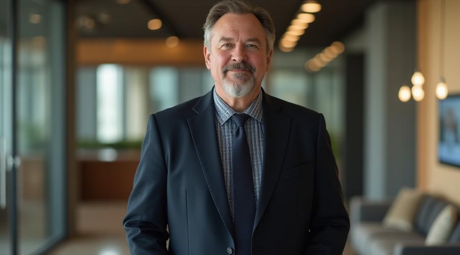 After: The same suit, now expertly tailored to create a modern, slim silhouette, paired with a contemporary pattern shirt and a complementary, stylish tie, showcasing a sharp and updated professional look.