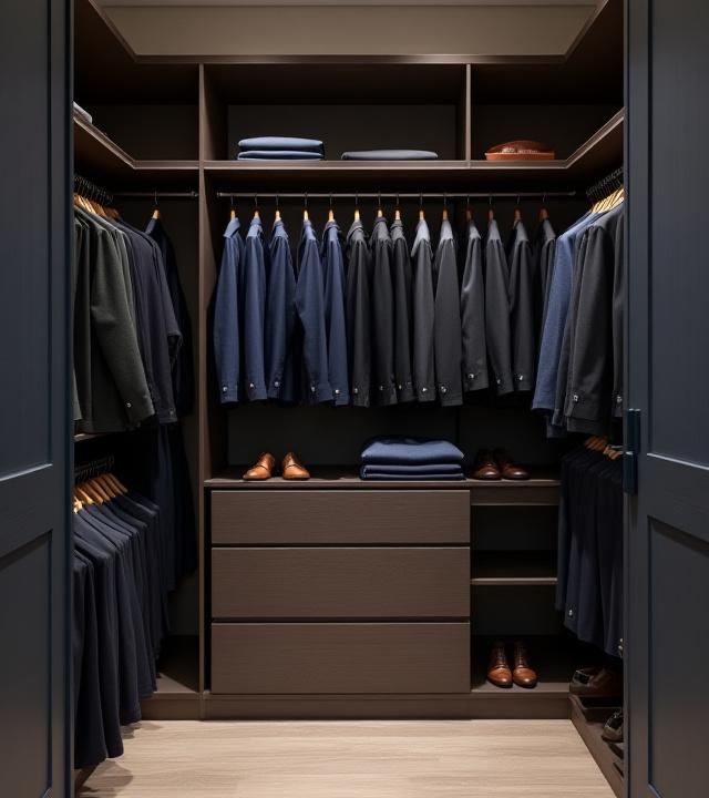 After image: A meticulously organized, minimalist wardrobe featuring a curated selection of modern, well-tailored menswear. Clothes are neatly folded or hung, color-coordinated, and easily accessible.