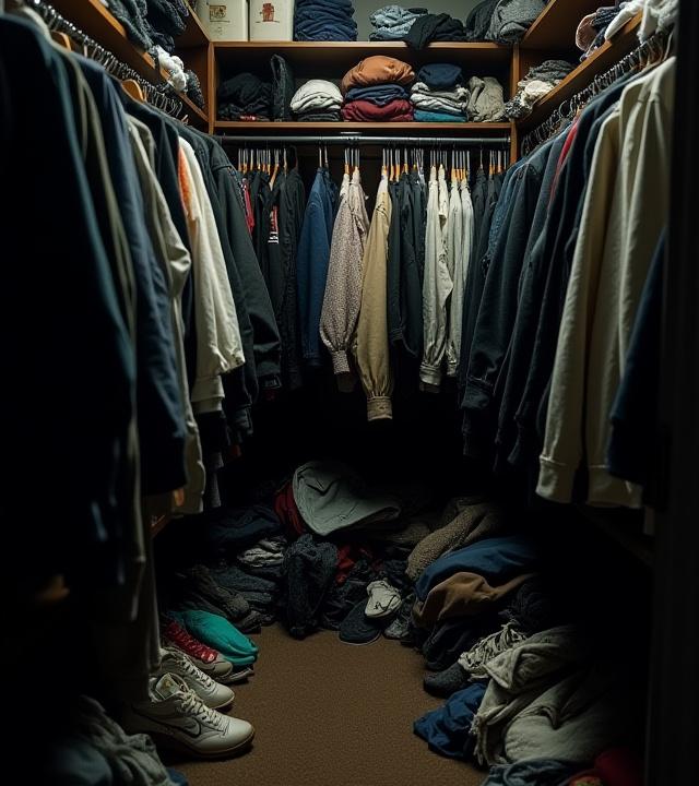 Before image: An overstuffed, disorganized closet filled with a variety of clothes, some of which appear ill-fitting and dated.